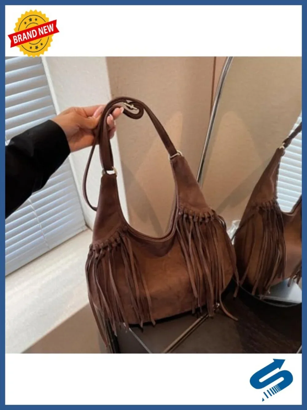 Vintage Vegan Suede Fringe Hobo Bag Crossbody Shoulder Bag Tote Cowgirl Purse